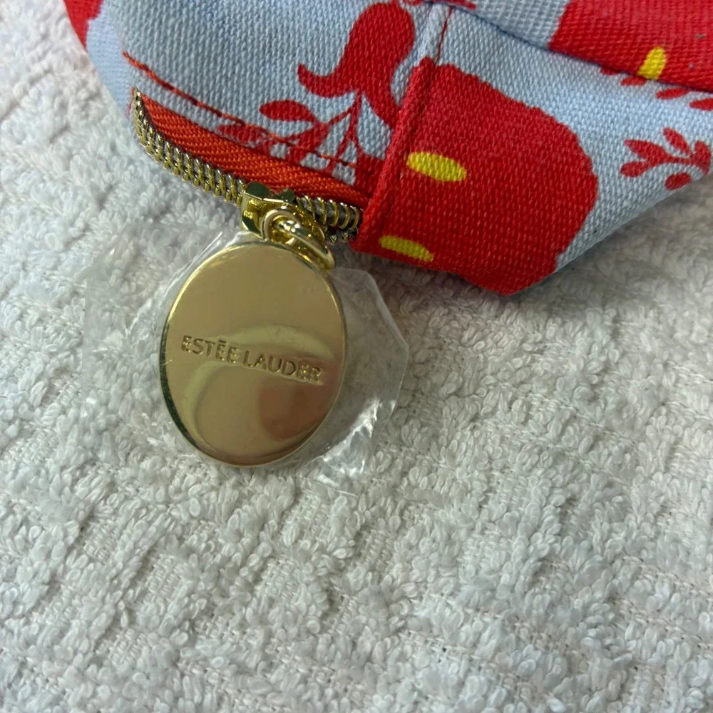 Estee Lauder Red Floral Recycled Canvas Makeup Bag Gold Flower Charm Pouch